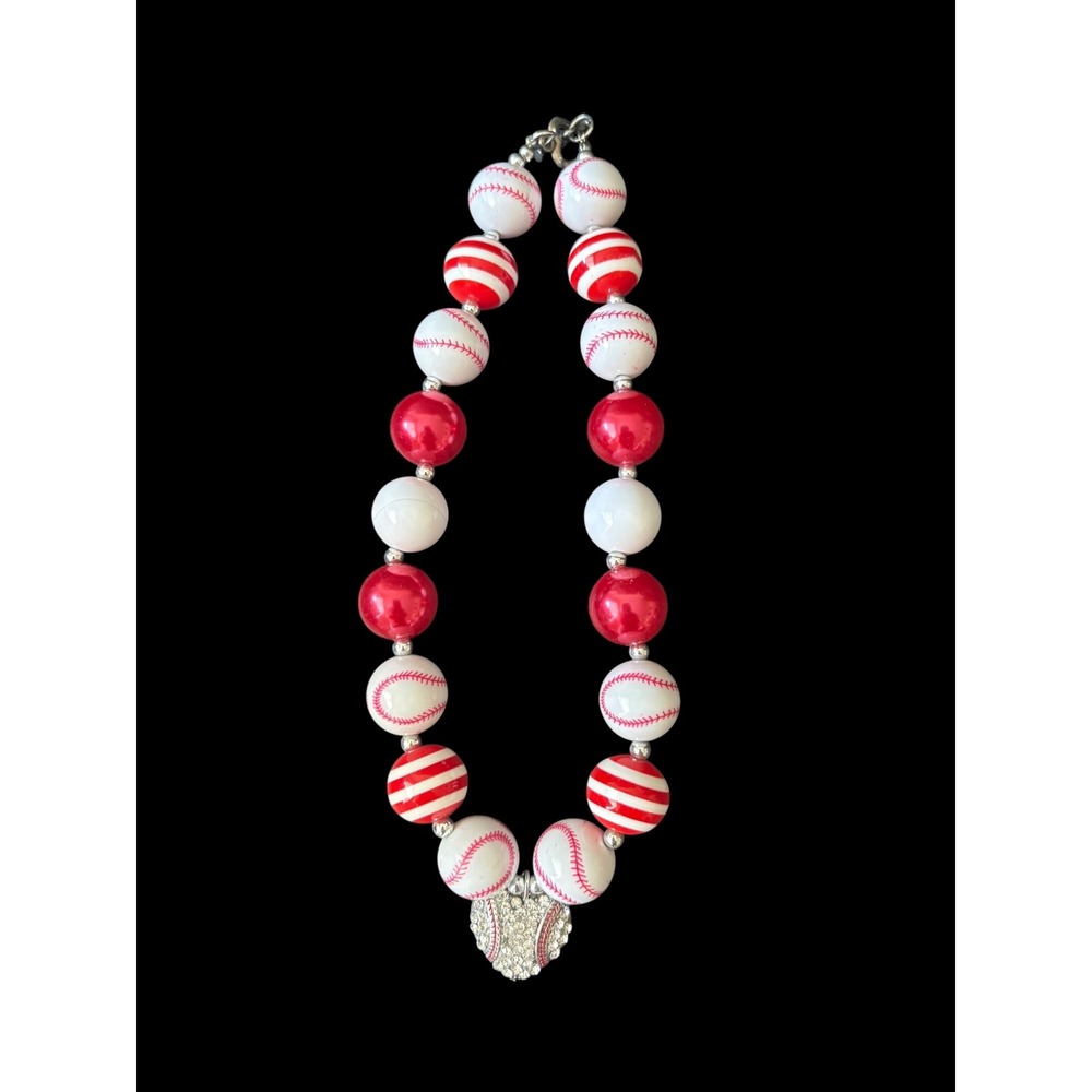 Baseball Bubblegum Bead Necklace Red White Rhinestone Pendant Sports Jewelry